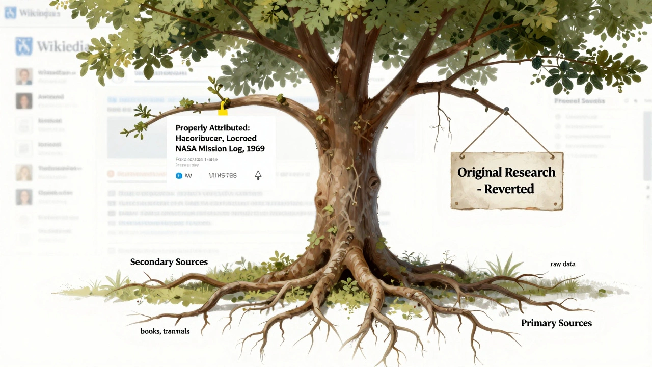 Tree with roots as secondary sources and branches as primary sources, one labeled with proper Wikipedia citation.