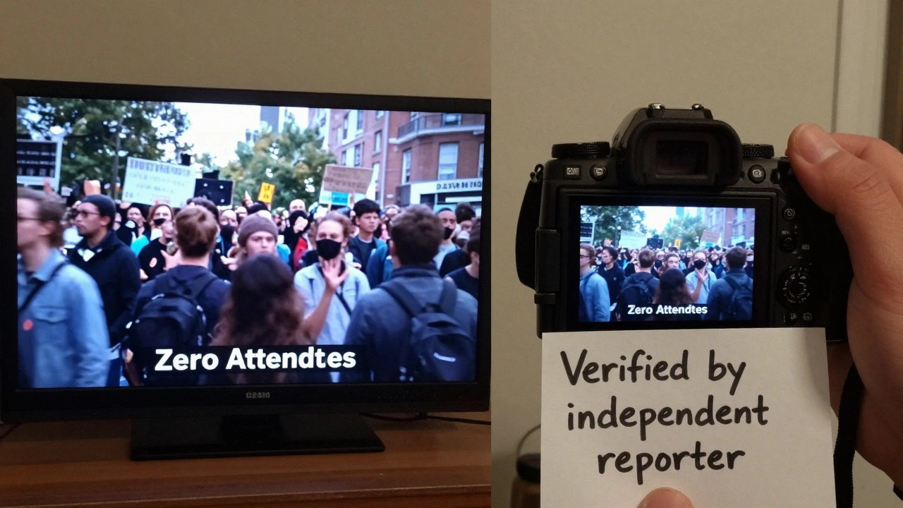Two contrasting images: state media propaganda on one side, verified protest footage on the other.