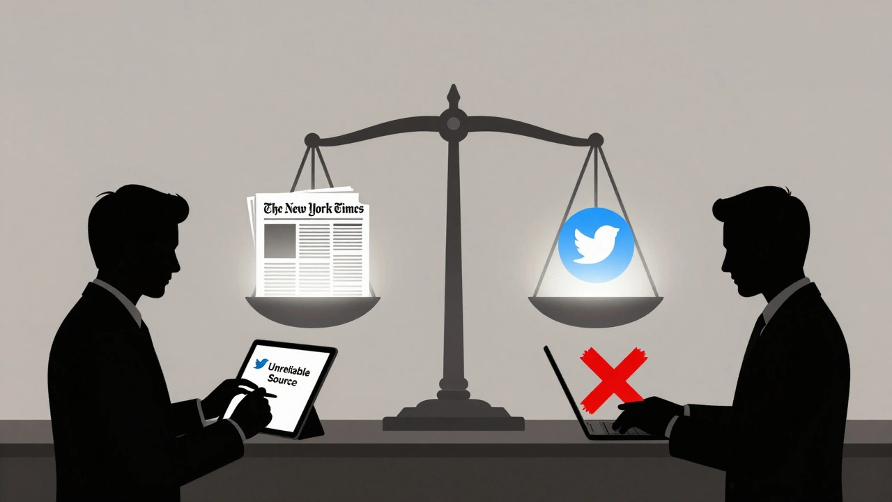 Two editors in silhouette debating a Wikipedia edit, one adding social media, the other removing it.