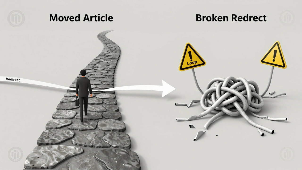 Two paths: one clean redirect leading to an article, the other tangled with broken links and warnings
