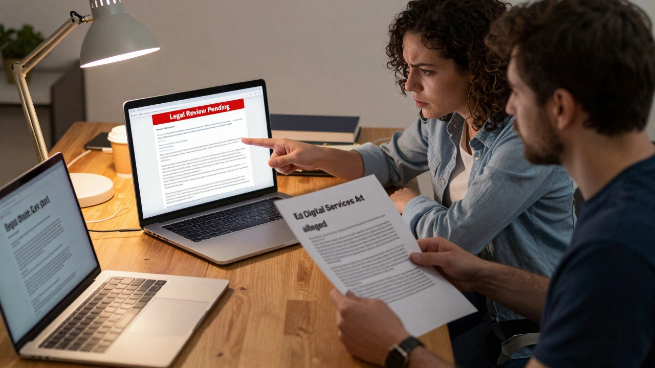 Two volunteers reviewing a Wikipedia edit alongside legal documents under desk lamp light.