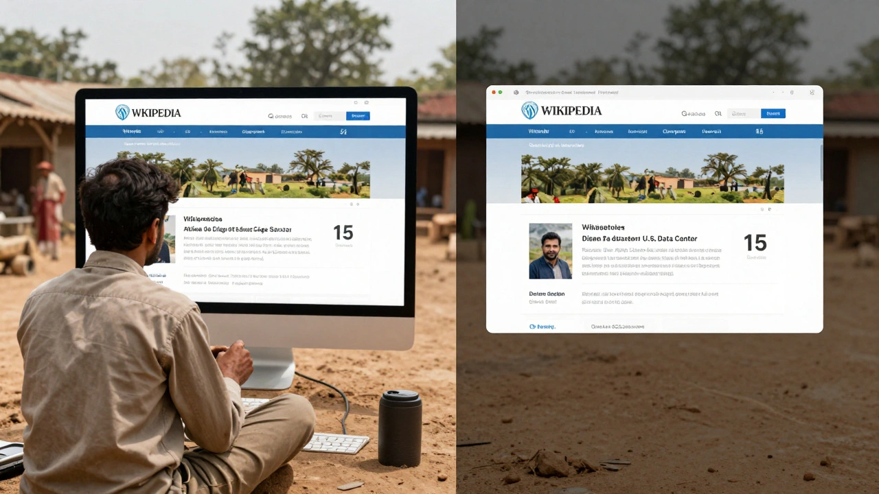 User in rural India loading Wikipedia quickly from a local server versus slowly from overseas.