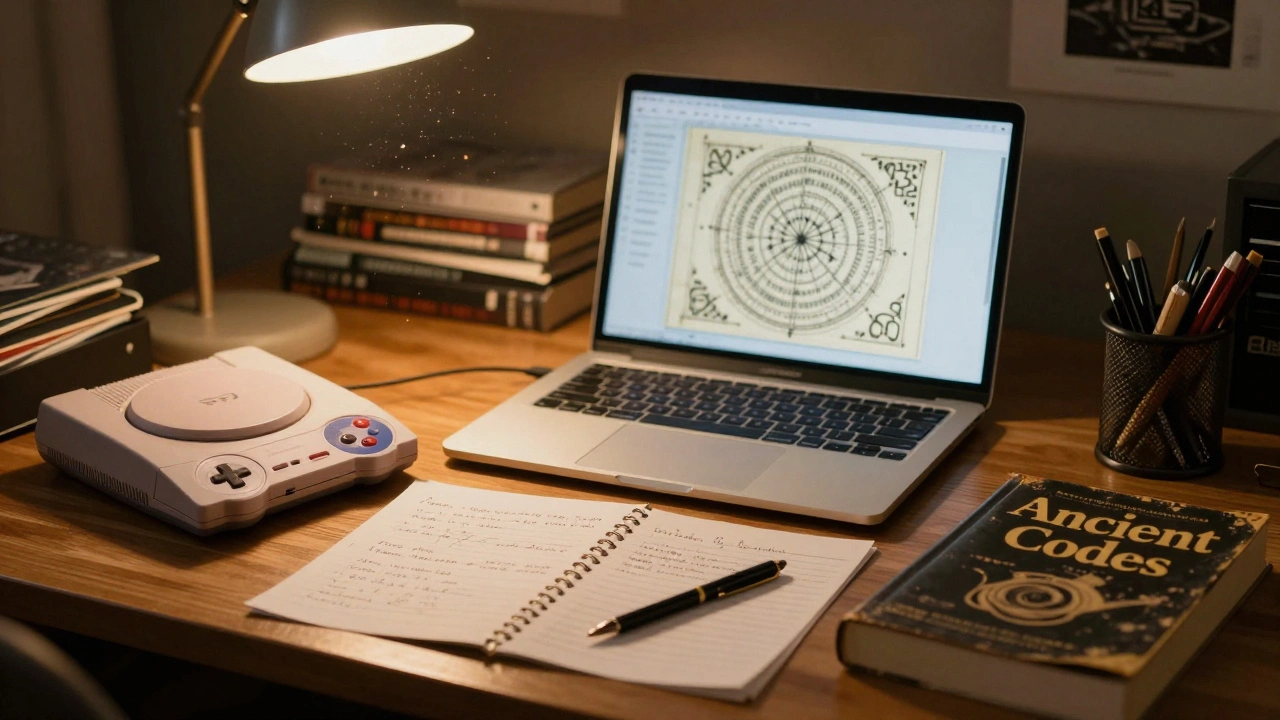 Vintage Super NES CD-ROM prototype beside Voynich Manuscript illustrations on a cluttered desk.