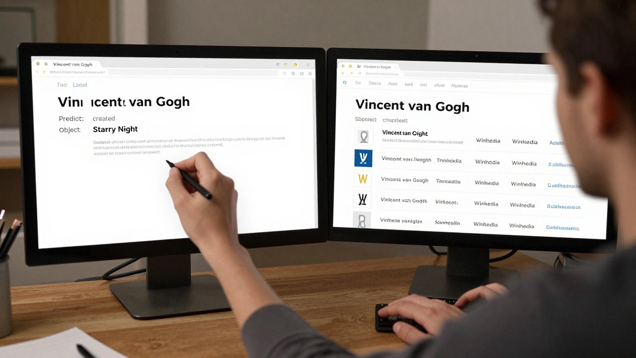 Volunteer adding a fact to Wikidata while it auto-updates across multiple Wikipedia language pages.