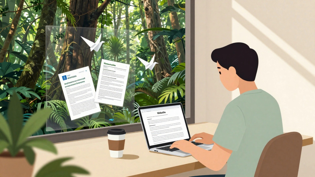 Volunteer editing a Wikipedia article on Amazon conservation, with scientific sources floating nearby in a sunlit room.