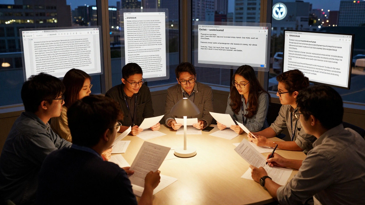 Volunteer editors reviewing a draft at a table, surrounded by floating Wikipedia policy records and rejection notices.