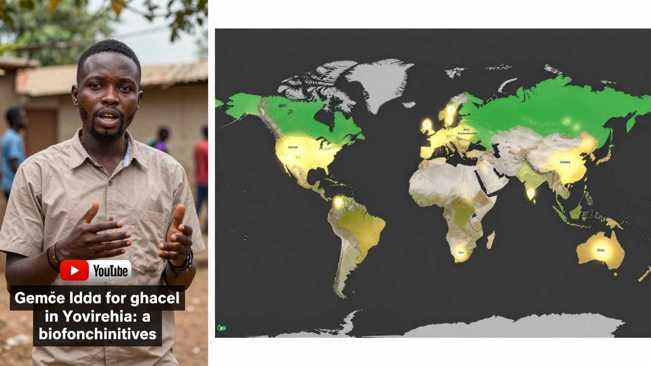 Volunteer recording a YouTube video about gender bias in Wikipedia, with a map showing global editing activity across 17 languages.