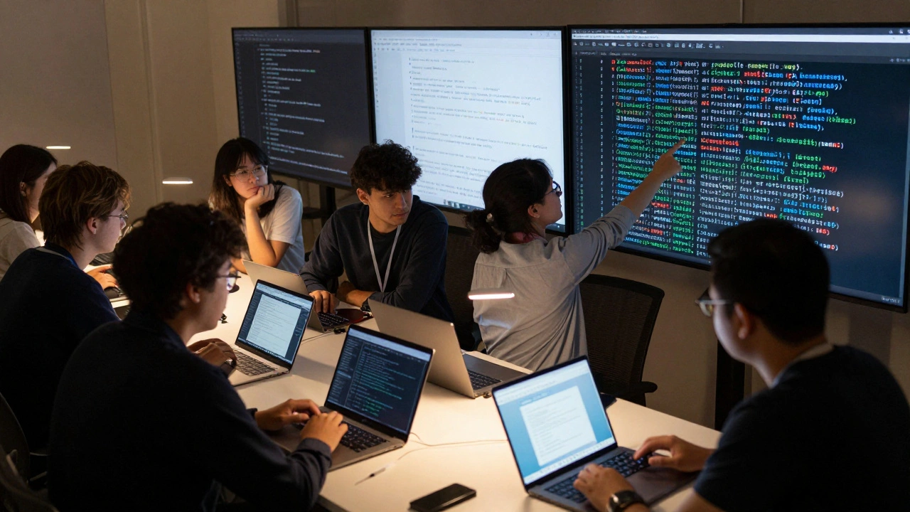 Volunteers analyzing edit patterns on screens, pointing out a repeated misspelling as evidence of sockpuppets.