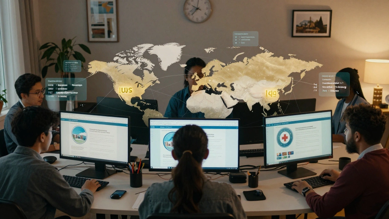 Volunteers around the world verifying disaster data using official sources on their computer screens.