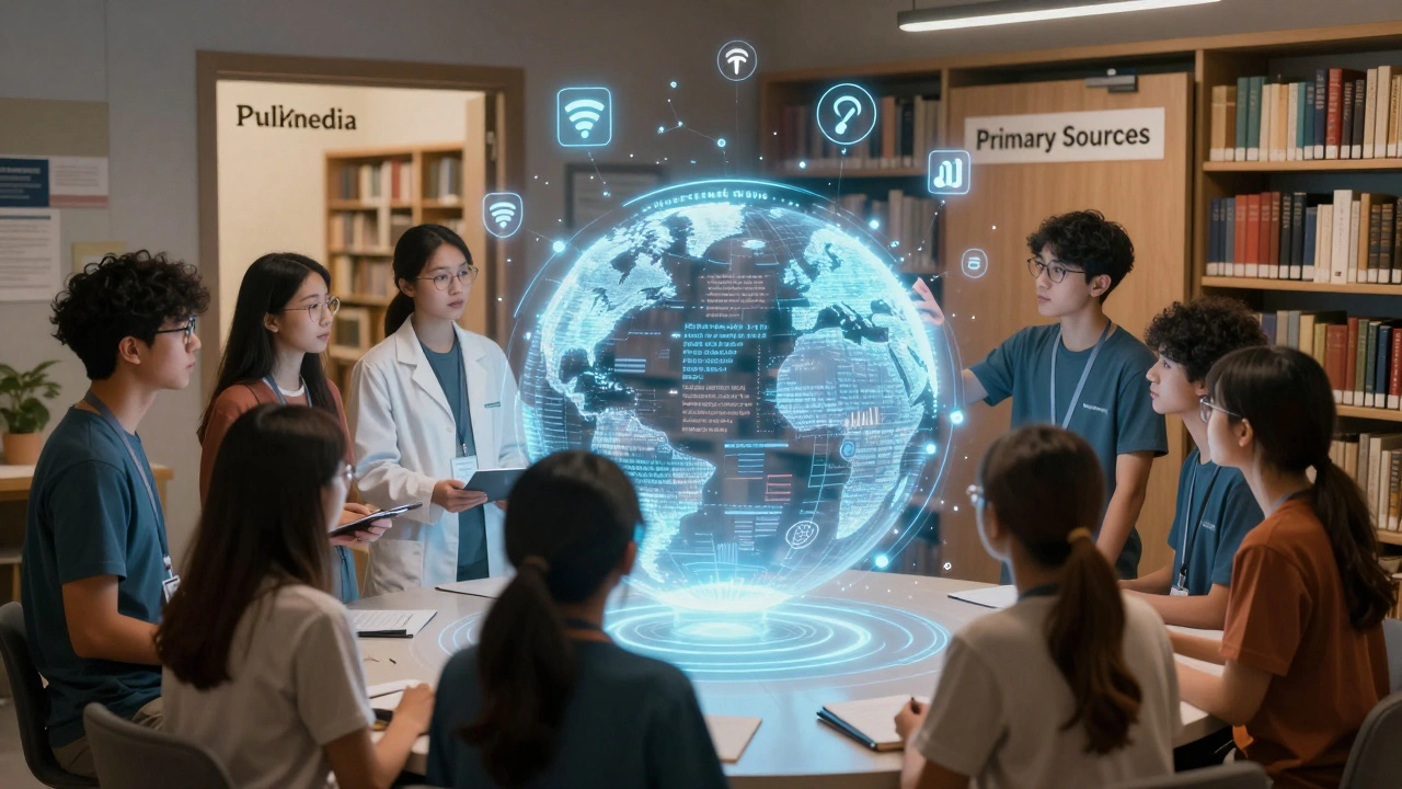 Volunteers from various professions collaborate around a glowing globe linked to academic sources via citation icons.