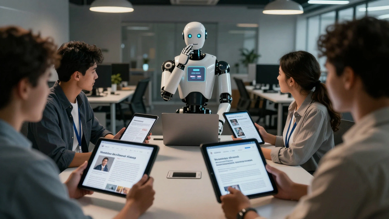 Volunteers reviewing Wikipedia articles while an AI robot struggles to reconcile conflicting information on its screen.