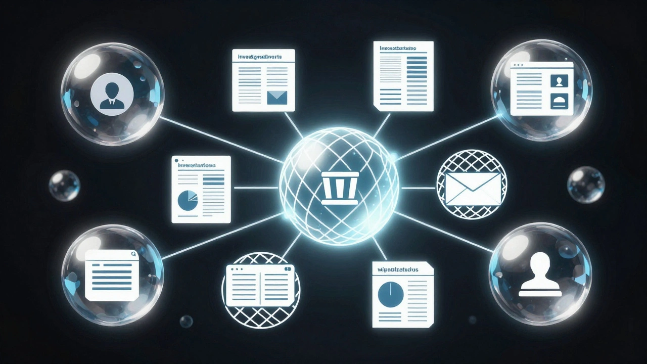 Web of sources connecting press releases, investigative reports, and Wikipedia with glowing links