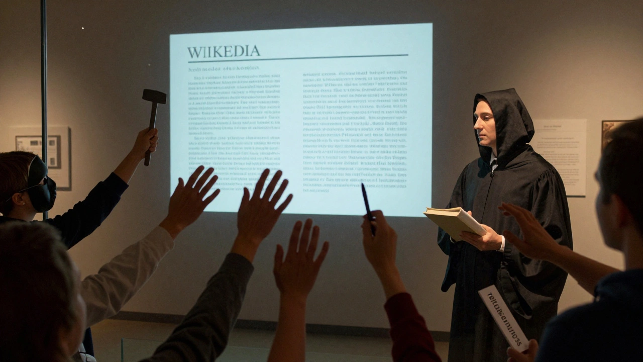 Wikipedia article behind glass in a museum, with hands reaching out—some vandalizing, some contributing.