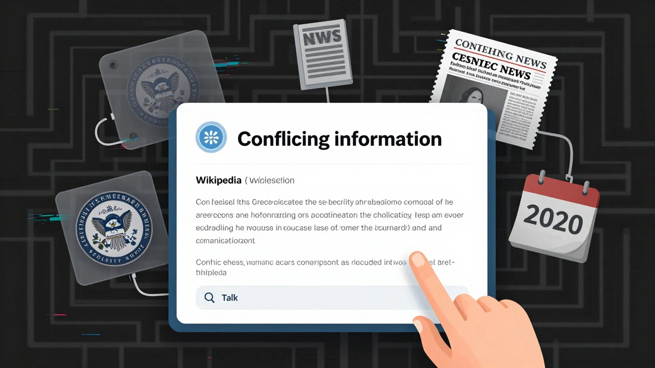 Wikipedia article with a conflict warning tag surrounded by icons representing different types of sources.