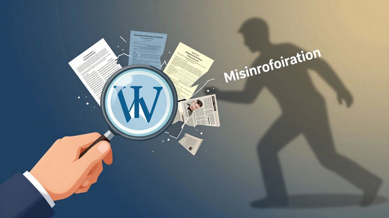 Wikipedia logo breaking into primary sources like documents and interviews, with misinformation fading.