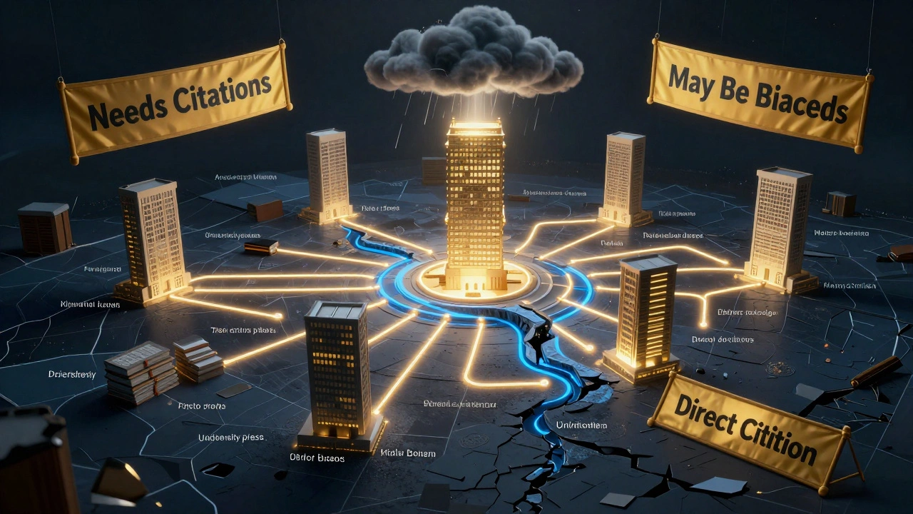 Wikipedia references as glowing paths leading to academic sources, warning banners above