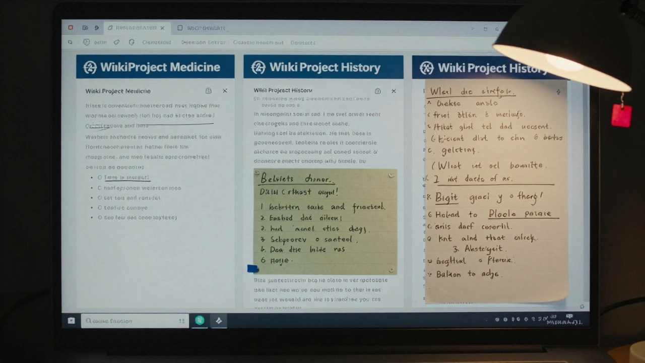 Wikipedia talk page with multiple project banners and handwritten notes, lit by a desk lamp.
