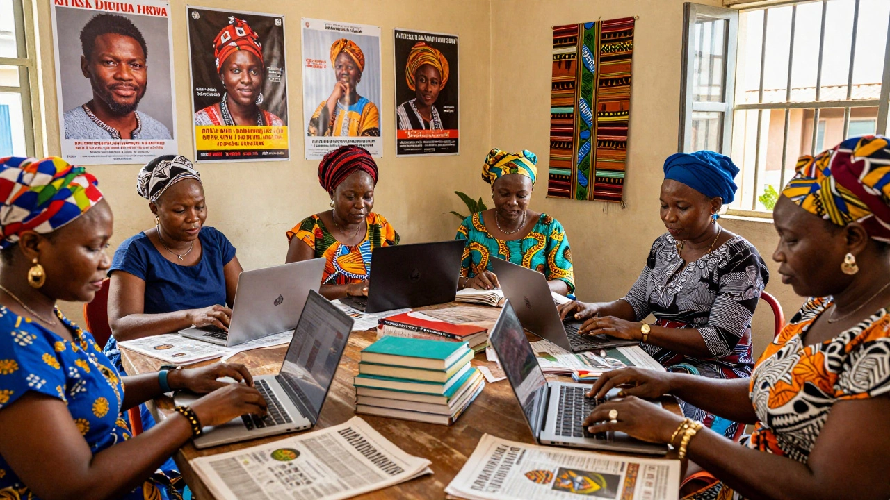 Women in Nigeria participating in a community edit-a-thon, adding local knowledge to Wikipedia with books and laptops.
