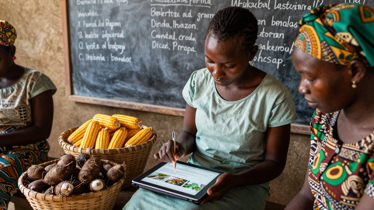 Women in Zambia learn to edit Wikipedia about traditional crops using a tablet in a farming community.