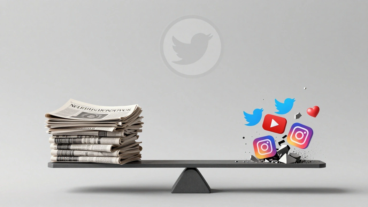 A balance scale weighing verified media against social media fragments, with Wikipedia logo above.