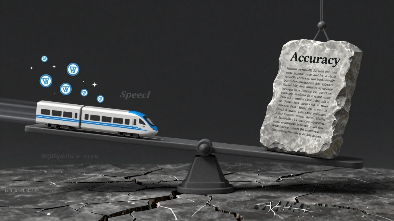 A balance scale with 'Speed' and 'Accuracy' on opposing sides, symbolizing Wikipedia's core tension between rapid updates and factual reliability.