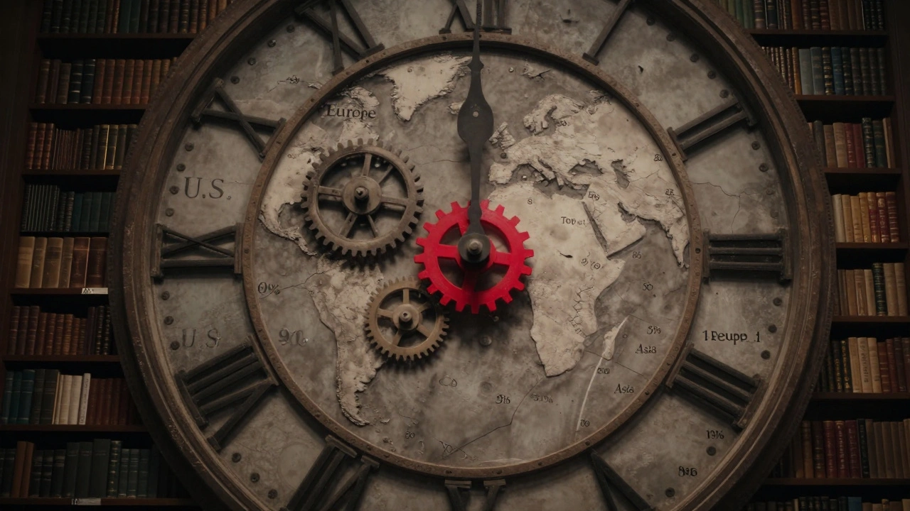 A clock made of bookshelves showing global imbalance in Wikipedia editing power.