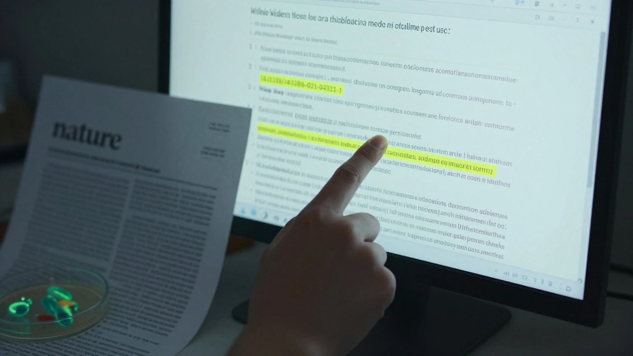 A close-up of a computer screen showing a Wikipedia citation linking to a DOI, next to a printed scientific abstract and glowing bacteria in a petri dish.