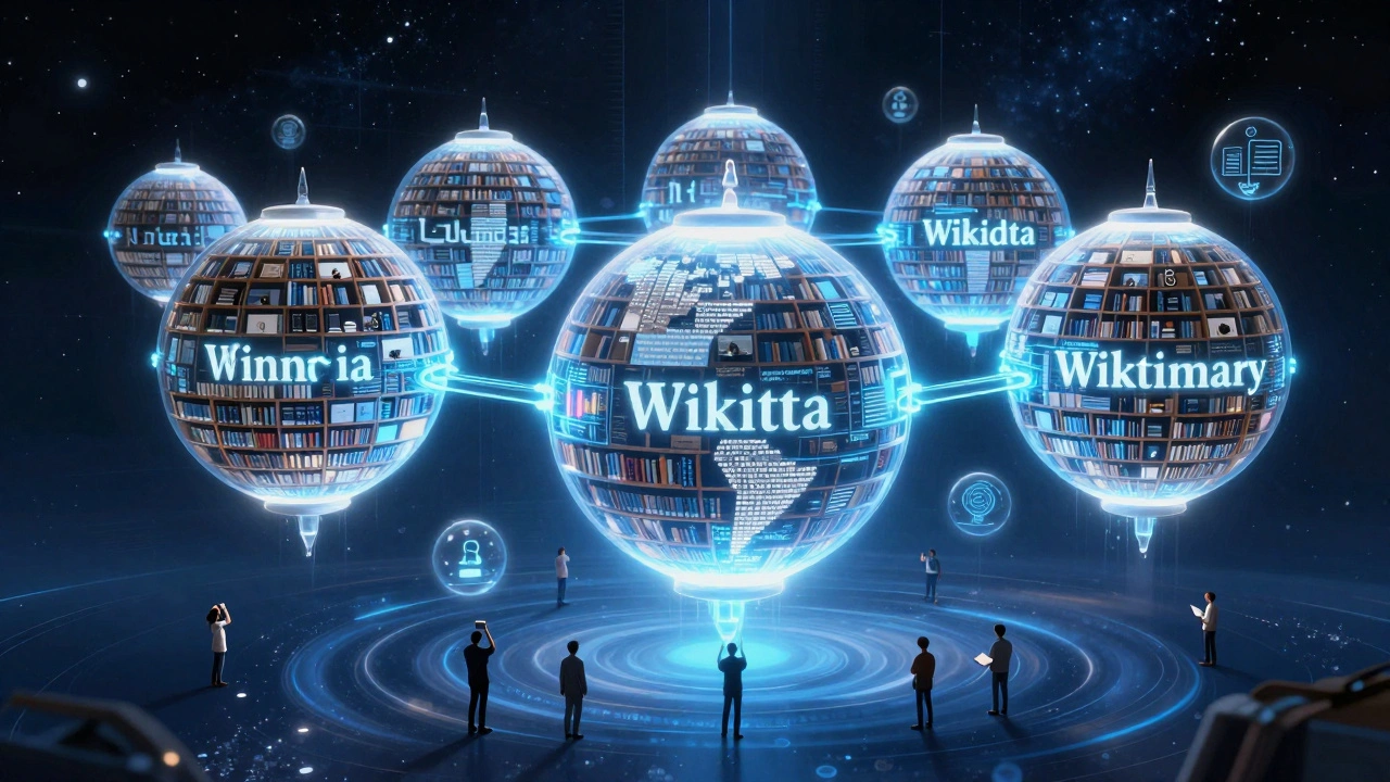A cosmic digital library of Wikimedia projects connected by flowing data, with people from all continents contributing.