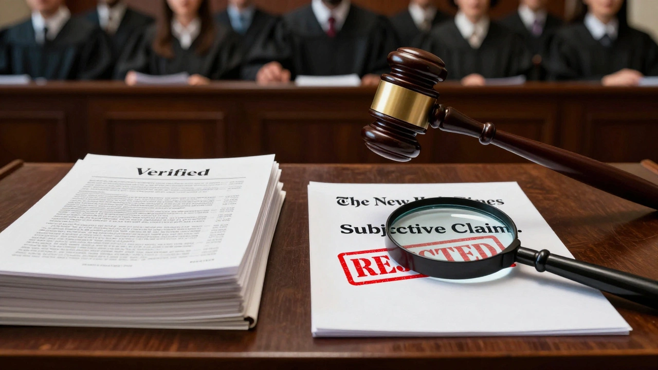 A courtroom scene with verified documents on one side and a rejected opinion column marked 'REJECTED' on the other.