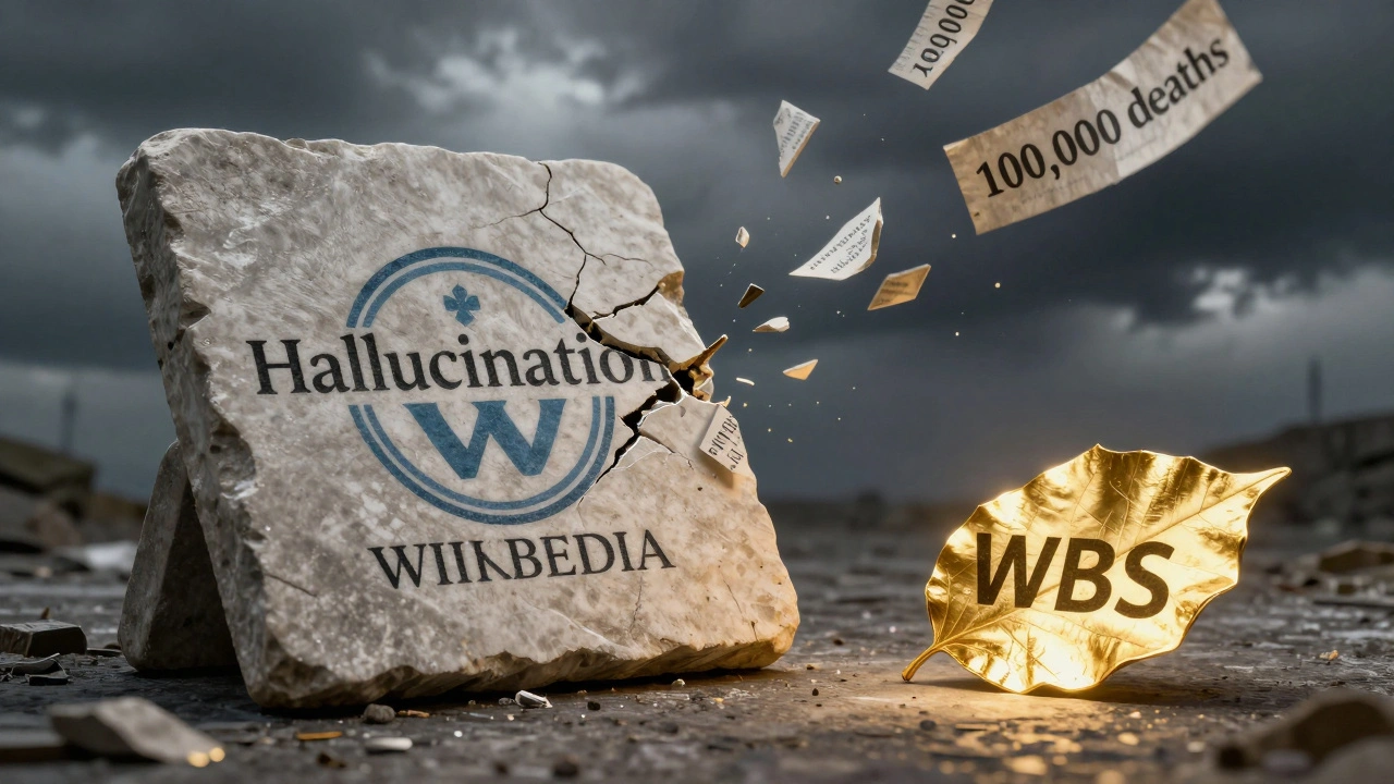 A cracked stone tablet with 'Hallucination' etched into it, while a glowing 'WBS' label remains intact below.