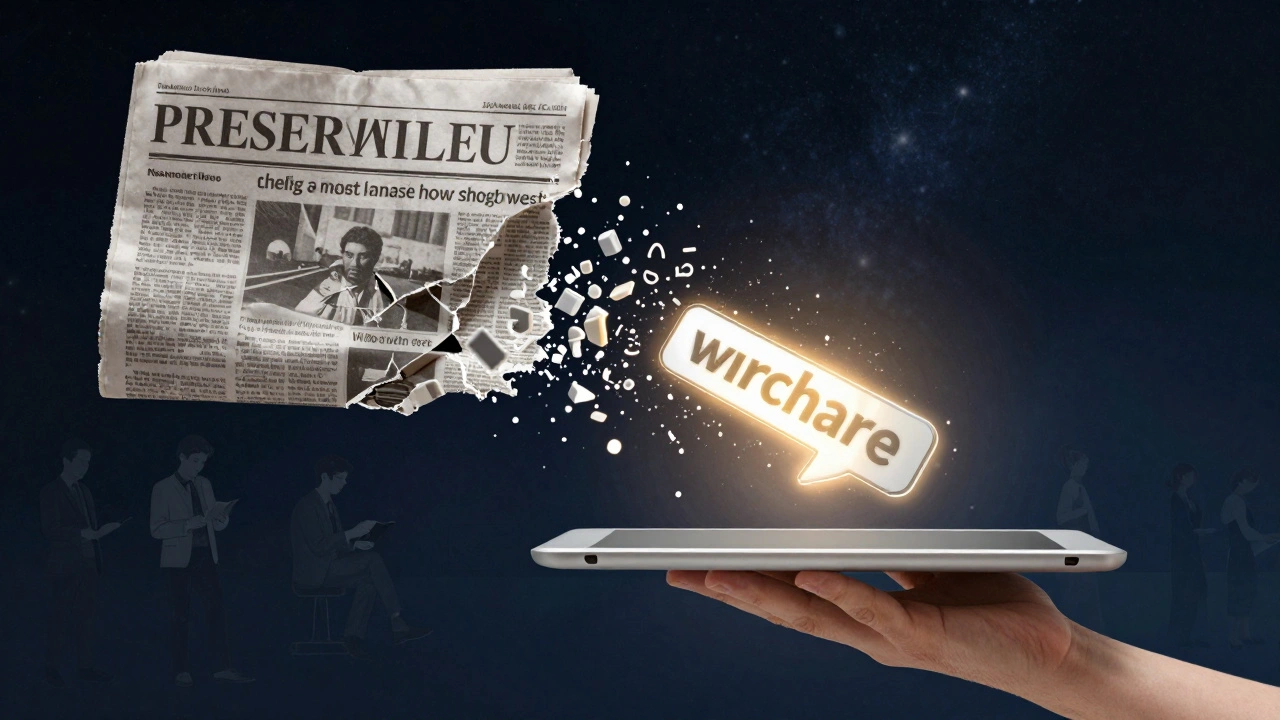 A crumbling newspaper transforming into a glowing digital archive link, symbolizing the preservation of news.