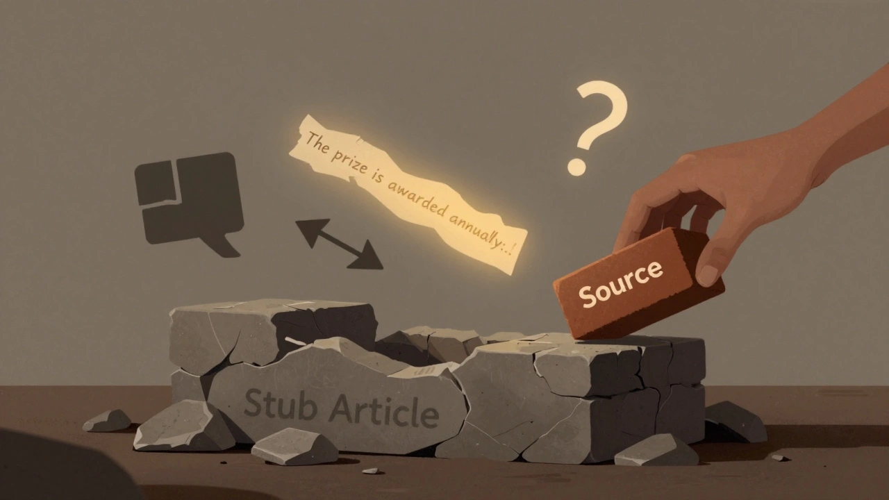 A crumbling stone foundation labeled 'Stub' being repaired with a new brick labeled 'Source'.