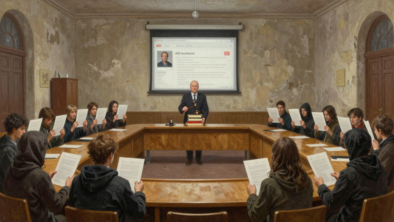 A democratic town hall debate with anonymous participants holding source articles, overseen by an administrator with a book-shaped gavel.