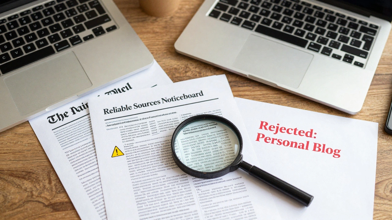 A desk with trusted academic sources and rejected blogs, a magnifying glass examining a questionable newspaper article.