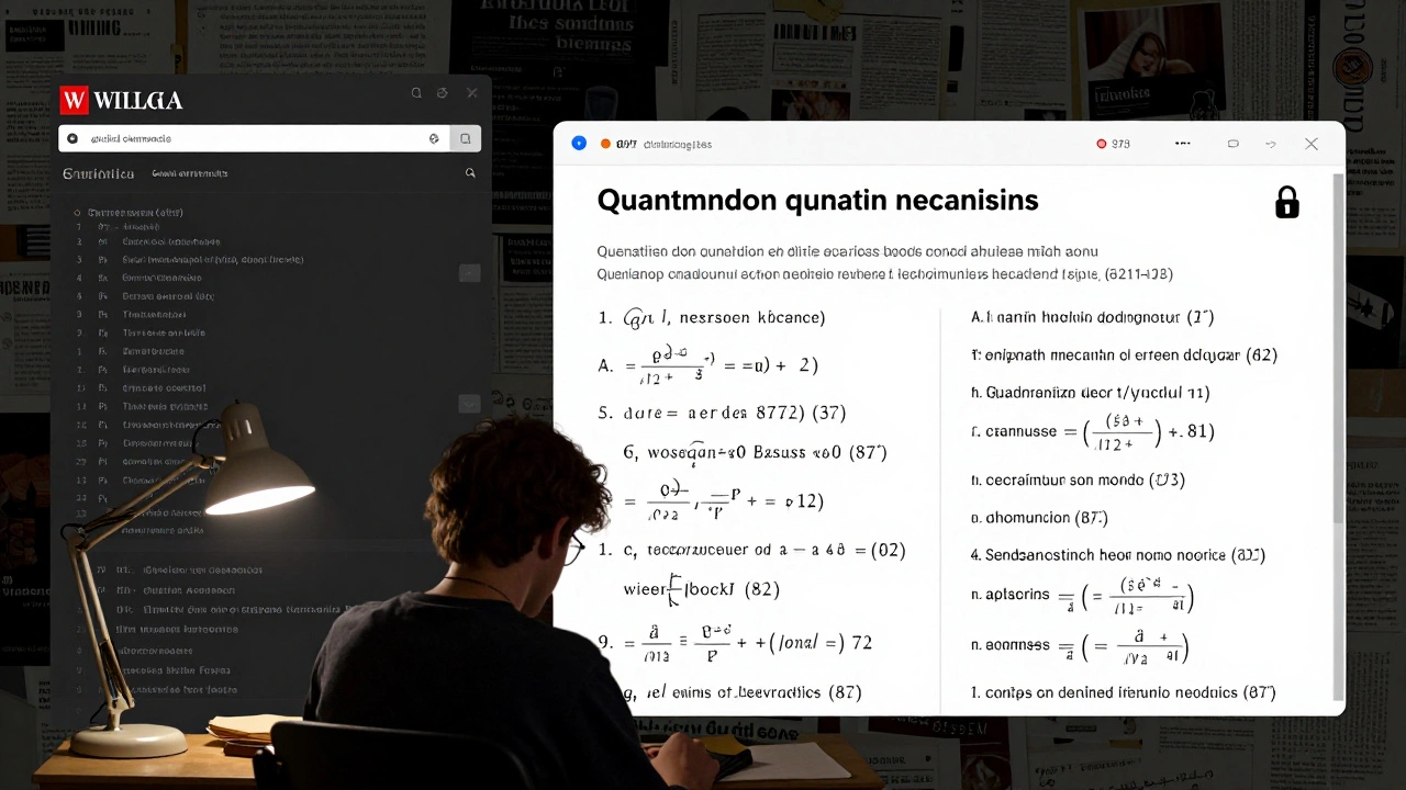 A detailed German Wikipedia article on quantum mechanics with 872 citations, compared to a chaotic English Wikipedia edit page.