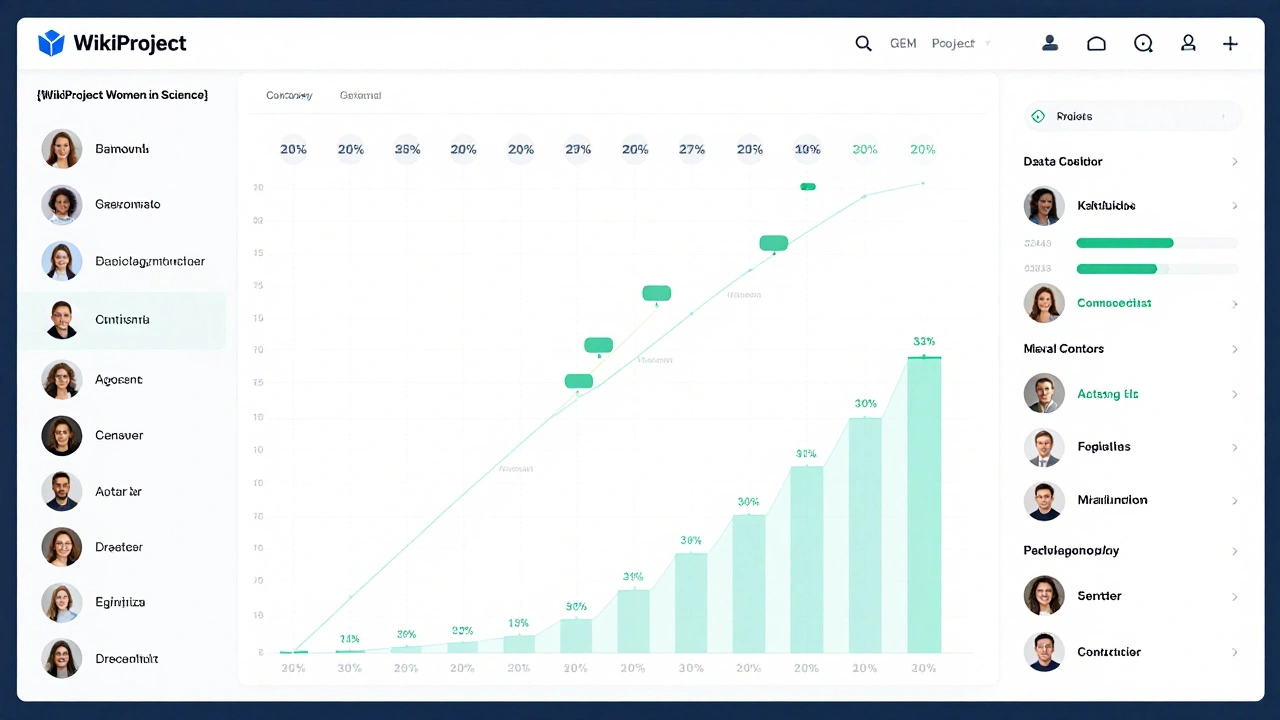 A digital progress dashboard tracking WikiProject article improvements with editor activity indicators, no text or labels.