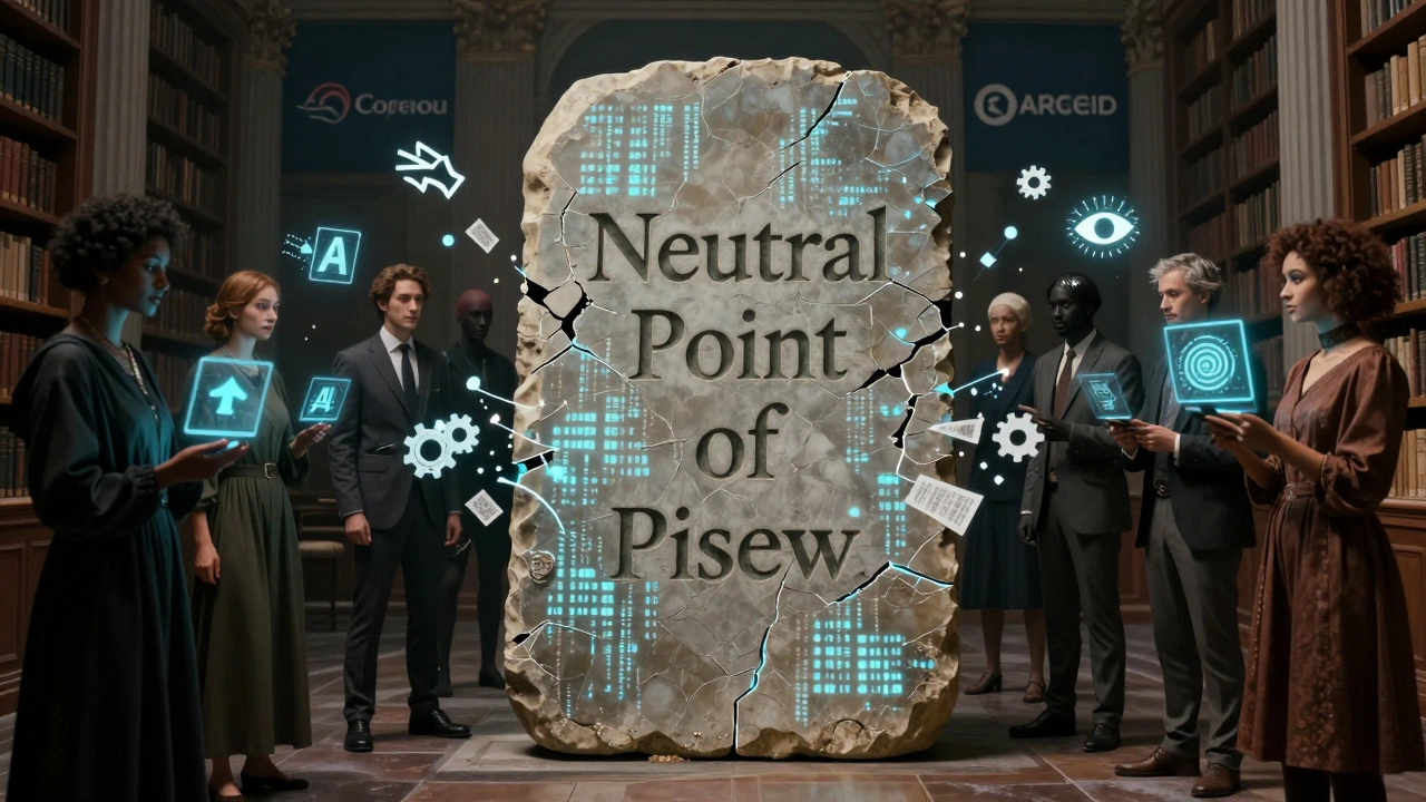 A diverse group gathered around a cracked stone tablet labeled 'Neutral Point of View,' as digital symbols pull text away into personalized screens.