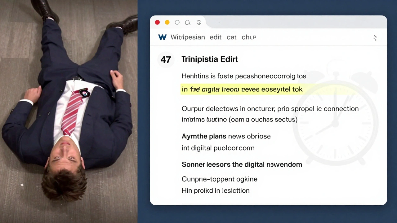 A false Wikipedia edit being made based on a viral social media clip, with a clock showing 47 minutes elapsed.