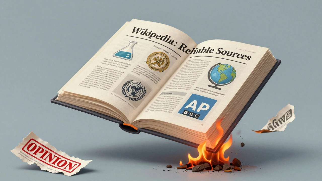 A floating book displaying trusted sources while opinion columns burn into ash beneath it.