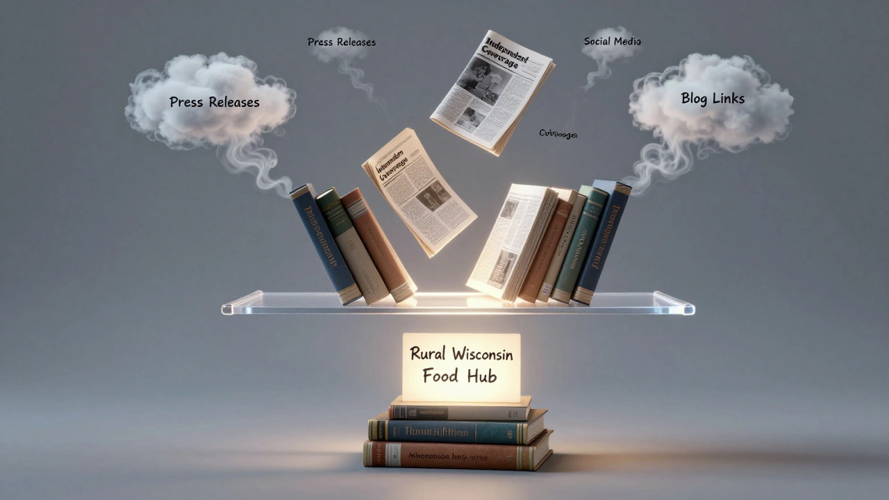 A floating library of credible sources rises while promotional content dissolves below, symbolizing Wikipedia's reliance on independent coverage.
