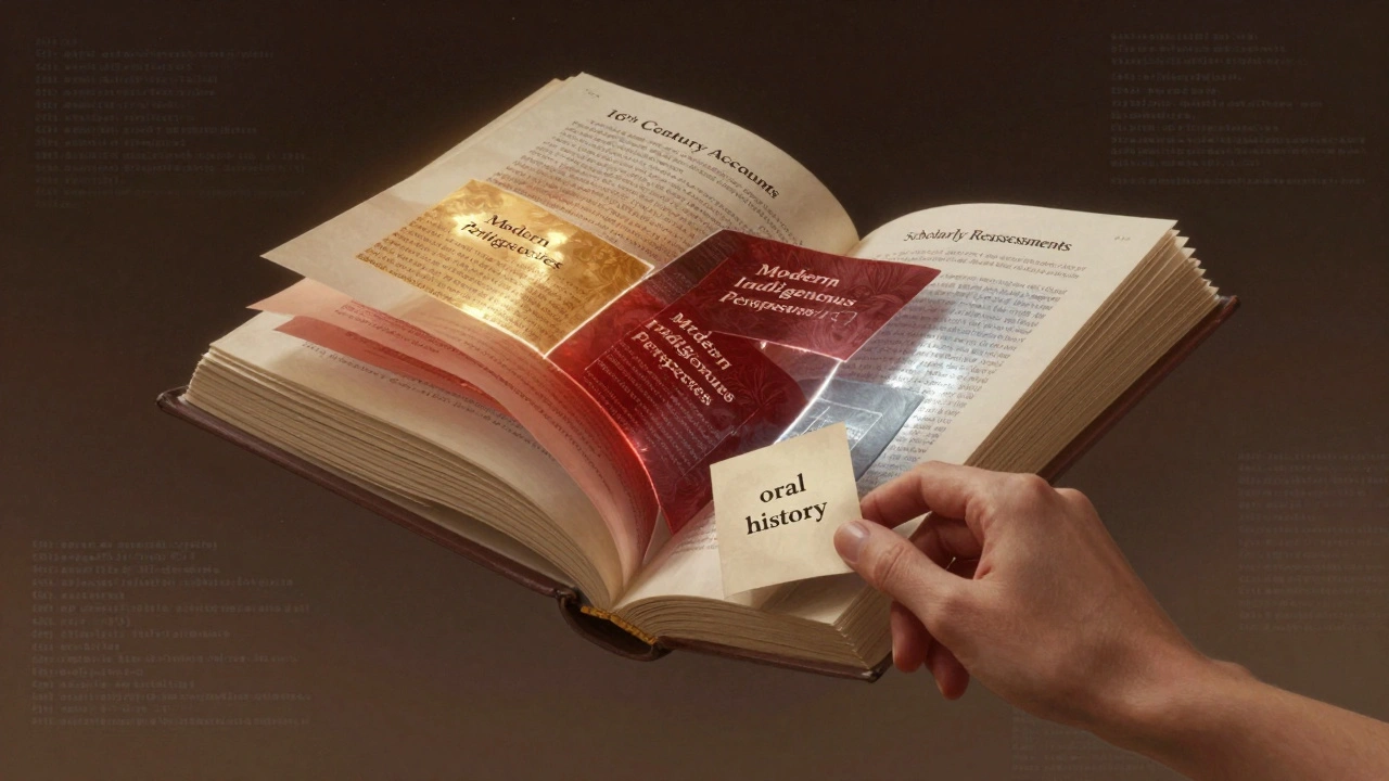 A floating open book with layered sections on Columbus, glowing with historical perspectives as a hand adds an oral history citation.