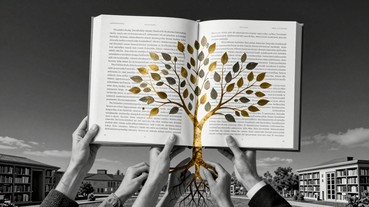 A floating Wikipedia article transforming into a tree of citations, symbolizing lasting knowledge impact.