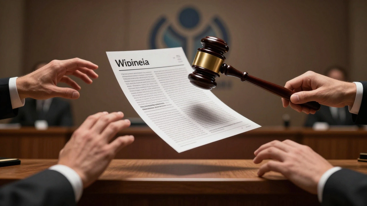 A floating Wikipedia page in a courtroom, hands pulling and protecting edits as a gavel hovers above.