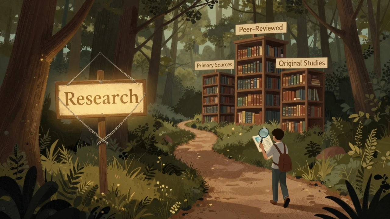 A forest path splits between a chained Wikipedia signpost and clear trails leading to academic library towers with a student walking forward.