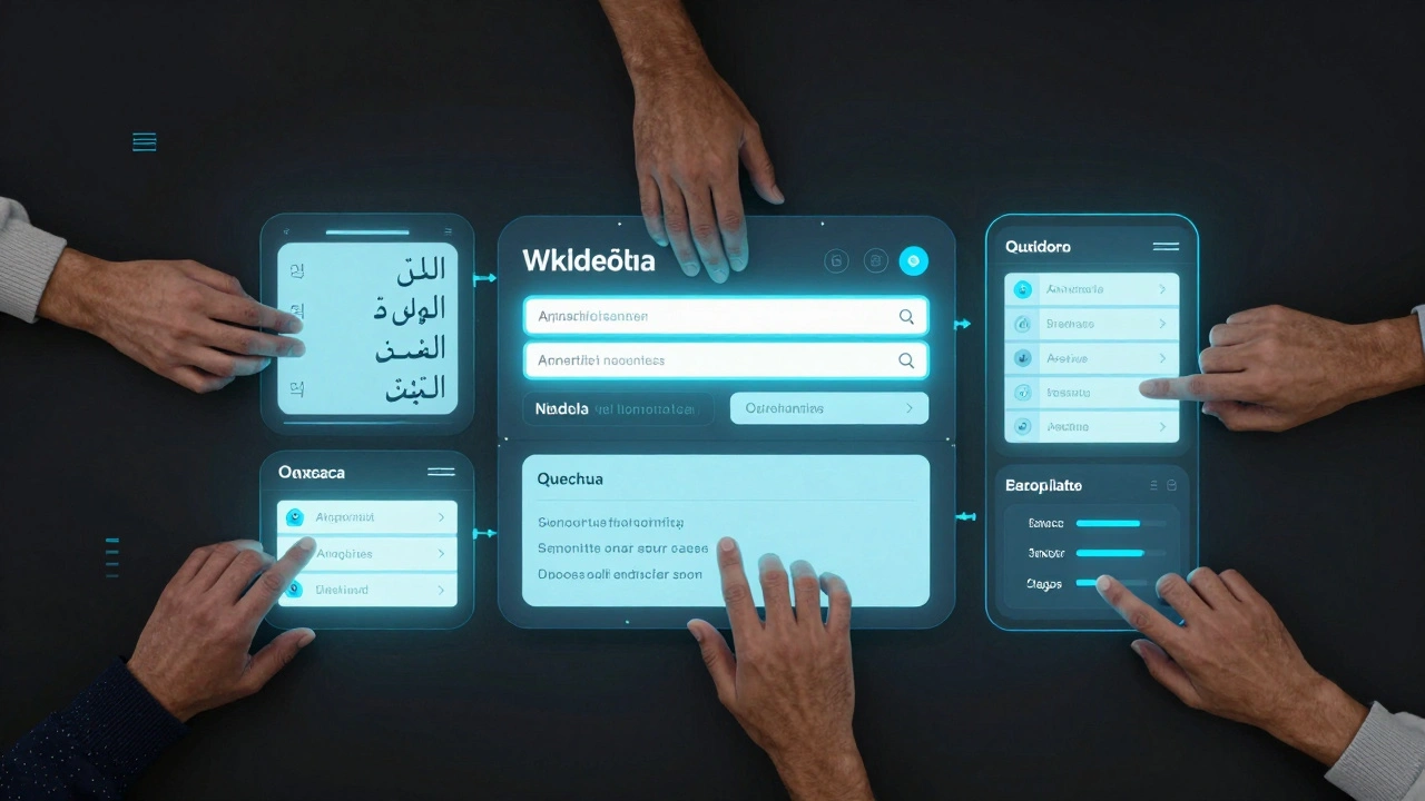 A futuristic multilingual Wikipedia editor with adaptive interfaces for Arabic, Korean, and Quechua, glowing with intelligent suggestions.