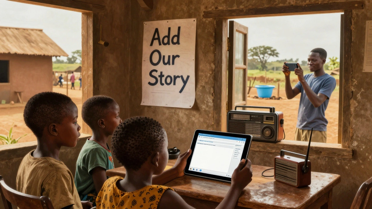 A Ghanaian librarian and children gather around a tablet, inspired to document local knowledge, as a young man films a community water project outside.