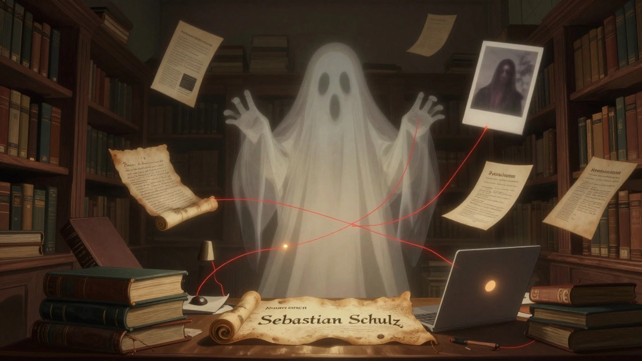 A ghostly fake biography scroll floating above academic books, connected by threads to two anonymous usernames on a laptop.