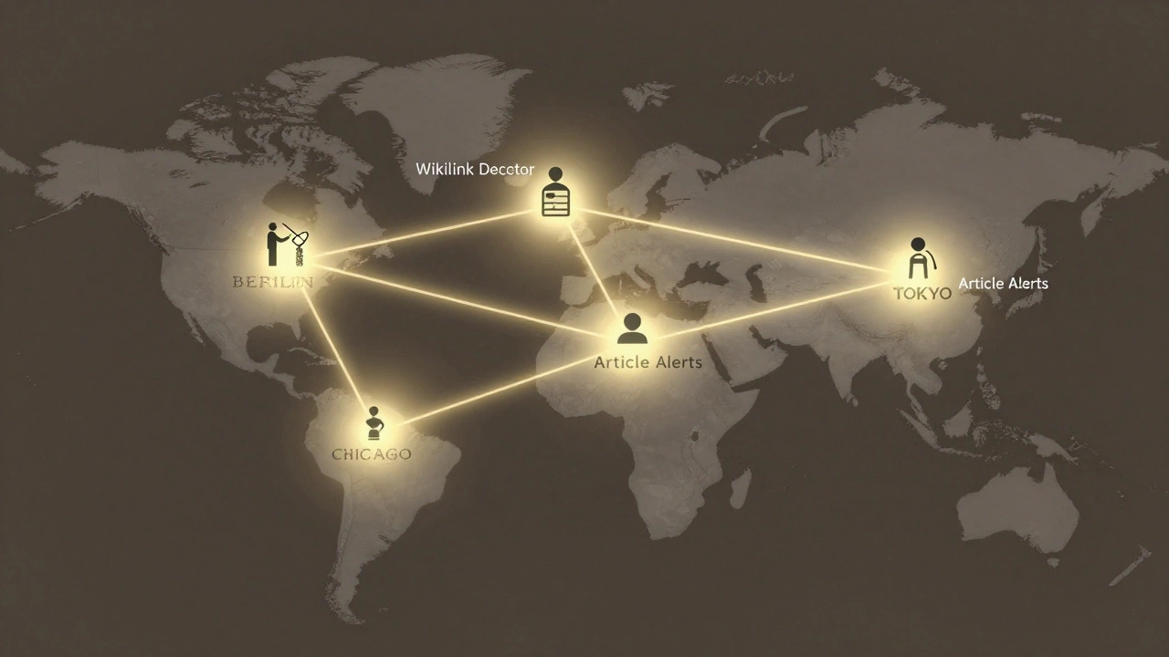 A global map connecting volunteers using Wikipedia quality control tools like Wikilink Detector and Article Alerts.