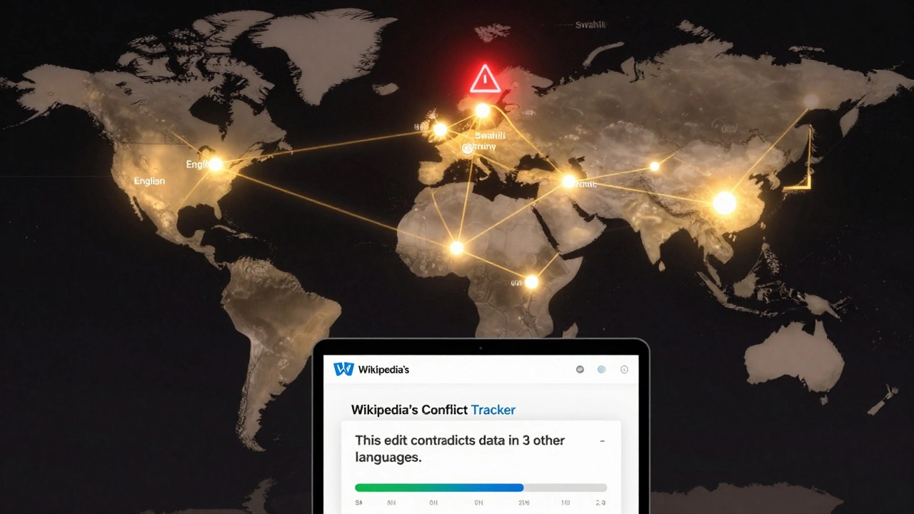 A global map with glowing Wikipedia language nodes, some bright and active, others dim, with a conflict alert on a laptop screen.