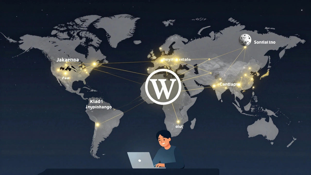 A global map with pulsing event nodes connected to the Wikipedia logo, edited by a volunteer at a laptop.